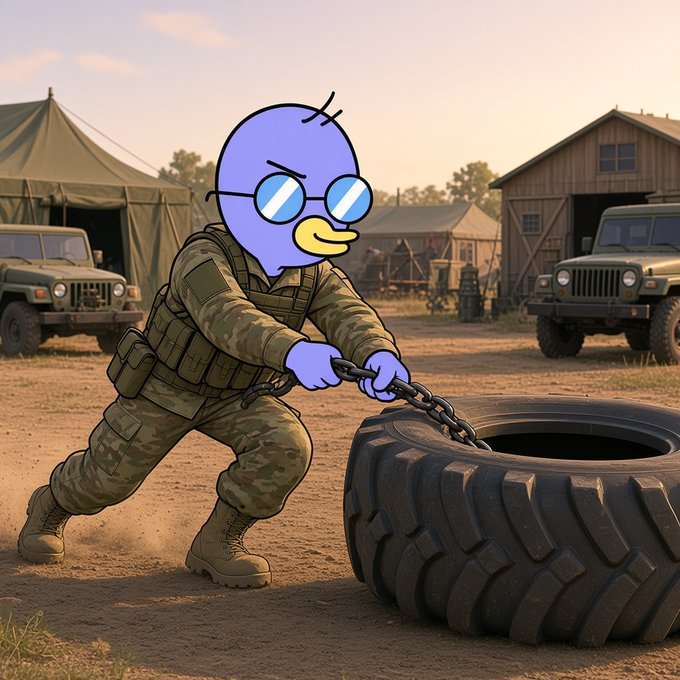 A cartoon purple bird character in military gear and sunglasses flips a large tire in a dusty military camp with vehicles and tents in the background.