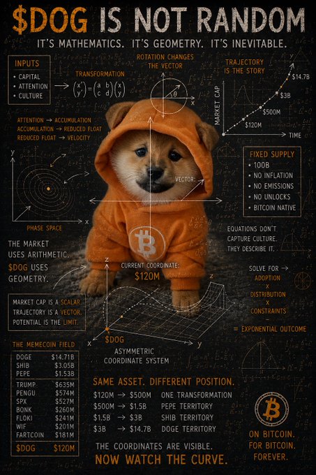 A mathematical infographic titled '$DOG IS NOT RANDOM' featuring a Shiba Inu dog in an orange Bitcoin hoodie, surrounded by equations and charts explaining its market trajectory.