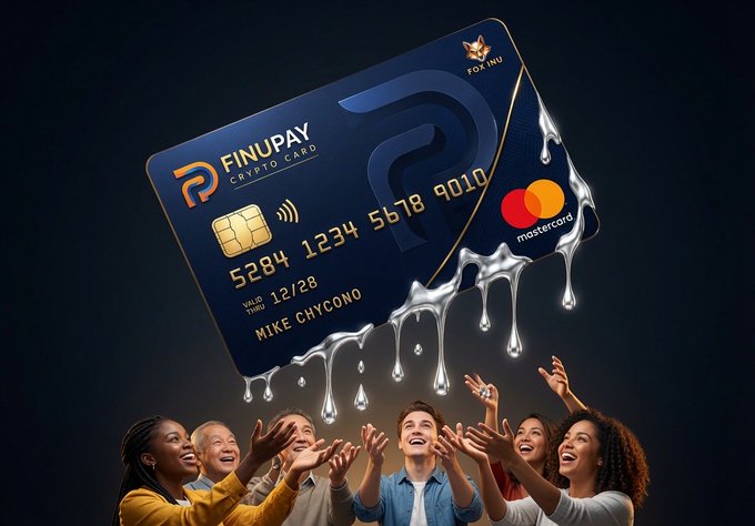 A promotional image for the FINUPAY CRYPTO CARD (Mastercard) melting like wax above a group of smiling, reaching people, with card details visible including 'MIKE CHYCONO' and '12/28'.