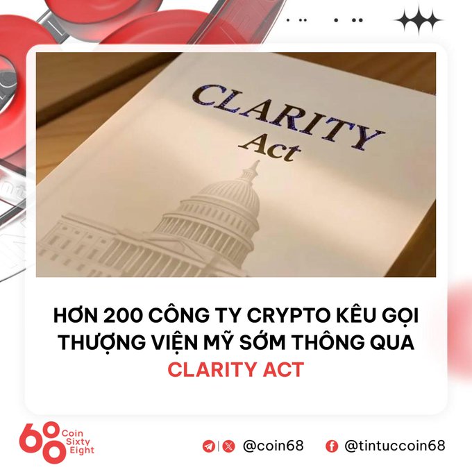 The image features a book titled "Clarity Act" with the title written in both English and Vietnamese, as well as an image of the United States Capitol building. The caption below the book reads "Hơn 200 công ty crypto gồm Coinbase, Ripple và Kraken kêu gọi Thượng viện Mỹ sớm thông qua CLARITY Act để thiết lập khung pháp lý cho ngành." The image is accompanied by a red background, and the caption is written in English.