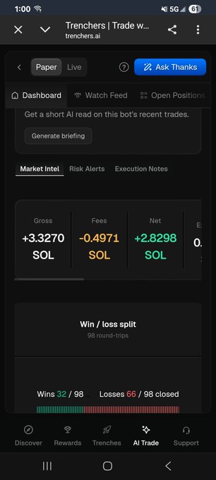 Mobile screenshot of a trading app called 'Trenchers' showing market intel with stats including Gross +3.3270 SOL, Fees -0.4971 SOL, and Net +2.8298 SOL.