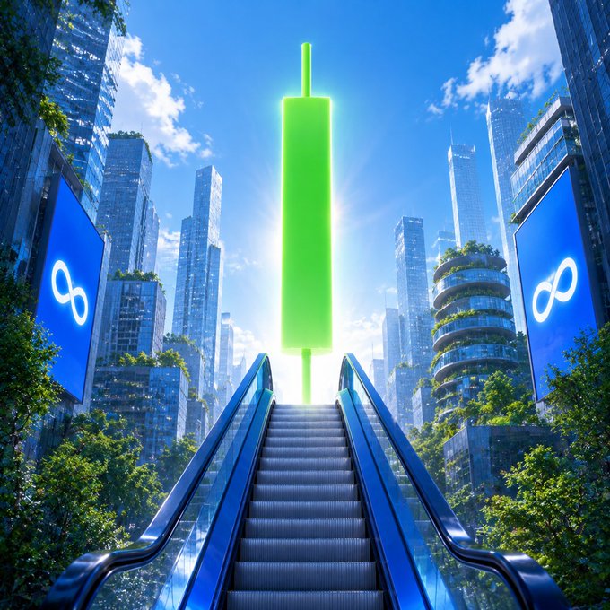 A glowing green candlestick rises above an escalator leading into a futuristic cityscape flanked by Meta logos, symbolizing a bullish upward trajectory for the stock. The image visually reinforces the "GM" post's call to step on the escalator and ride the momentum upward.