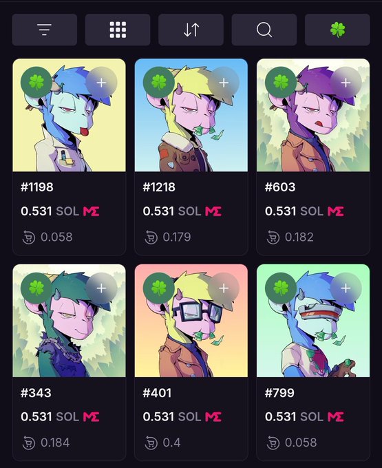 NFT marketplace interface displaying a collection of cartoon-style character portraits numbered #1198, #1218, #603, #343, #401, and #799, all priced at 0.531 SOL with MC logos.