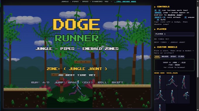 A retro-style pixel art video game title screen for 'DOGE RUNNER' with subtitle 'JUNGLE - PIPES - EMERALD ZONES', showing a character on a jungle-themed level with controls and player options listed on the right.