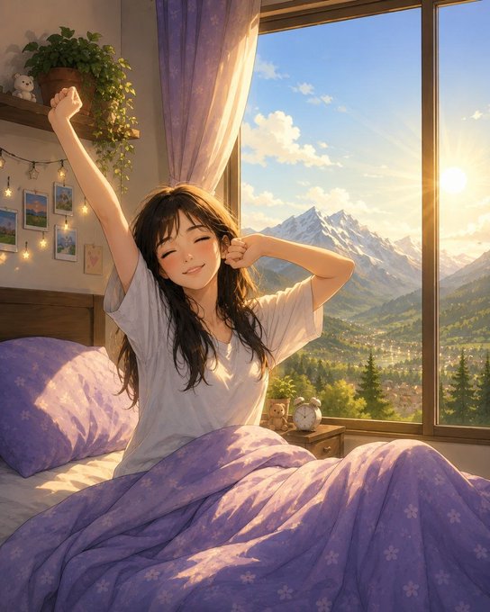 An anime-style illustration of a smiling young woman with long dark hair stretching in bed under a purple floral blanket, with a large window behind her showing snow-capped mountains and a sunrise.