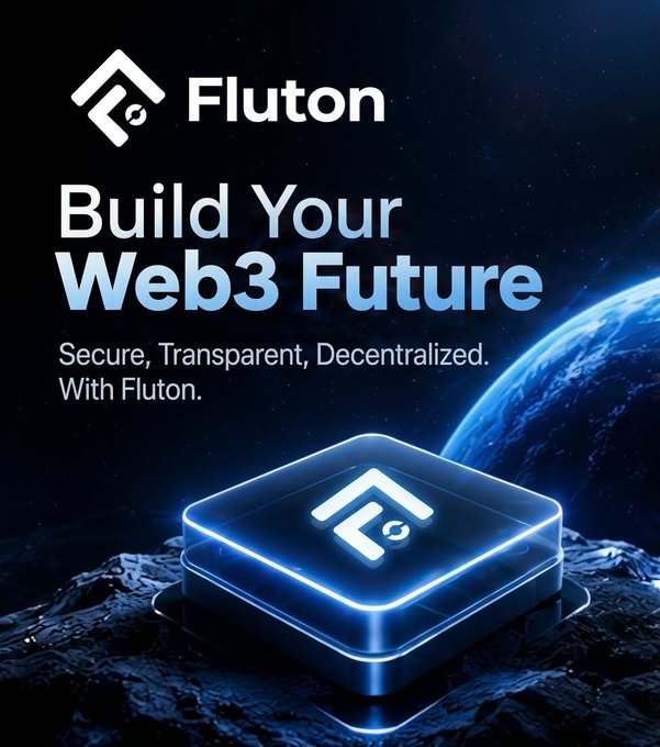 A promotional graphic for 'Fluton' Web3 platform with the tagline 'Build Your Web3 Future - Secure, Transparent, Decentralized. With Fluton,' featuring a glowing blue cube with the Fluton logo on a planetary surface.