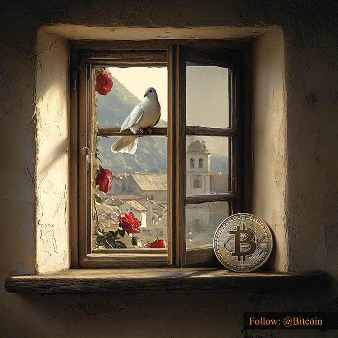 A white dove perches on an old stone window frame alongside a Bitcoin coin and red roses, with a sunlit village and church tower visible in the background. The caption at the bottom reads "Follow: @Bitcoin," tying the peaceful, classical scene to Bitcoin's current price of $83,247.21.