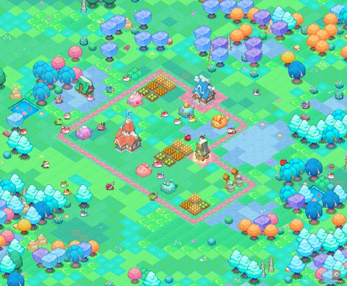A colorful isometric pixel-art style game scene featuring a small farm with crops, buildings, and animals surrounded by blue and pink trees on a green grid.