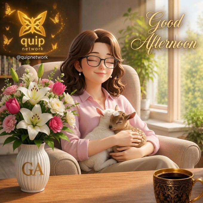 A digital illustration of a woman with glasses holding a small fawn in her arms, sitting in a chair next to a vase of lilies and tulips, with the text 'Good Afternoon' and a 'quip network @quipnetwork' logo.