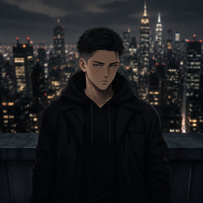 An anime-style illustration shows a young man with short dark hair and a serious expression, wearing a black hoodie and jacket against a backdrop of a glowing city skyline at night.