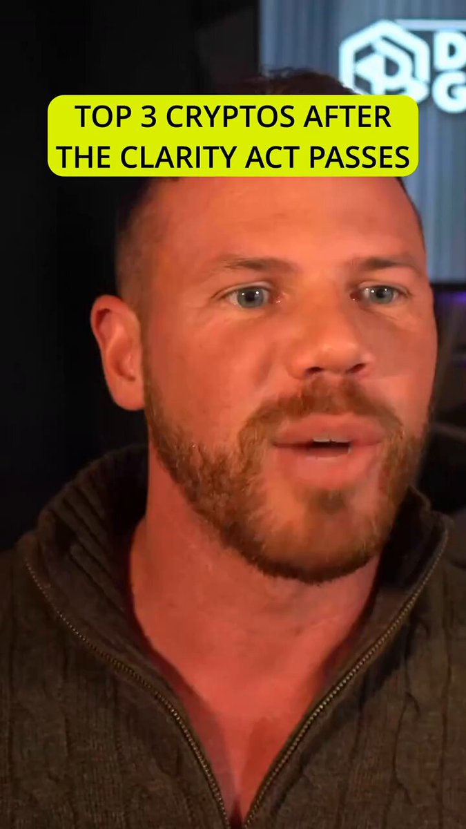The image features a man wearing a brown sweater, who appears to be talking about cryptocurrency and its impact on the clarity act. The caption below the image reads "Top 3 Cryptos after the clarity act passes", indicating that there are three cryptocurrencies worth researching in this context.