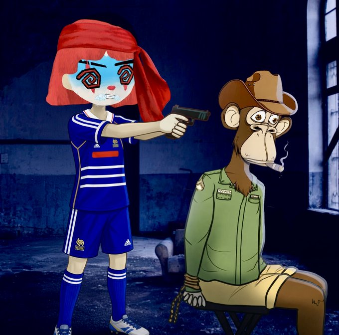 An illustration shows a clown-masked figure in a blue Adidas soccer uniform pointing a pistol at a tied-up monkey in a cowboy hat smoking a cigarette, set in a dark room.