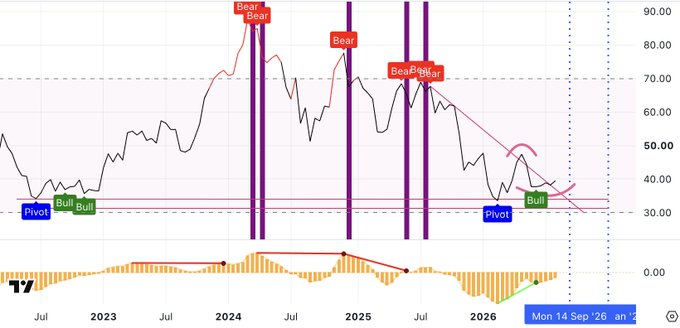 A 2-week Bitcoin (BTC) chart spanning mid-2023 to September 2026 displays price action alongside RSI and MACD momentum indicators, with multiple "Bear," "Bull," and "Pivot" labels marking key technical turning points and vertical bands highlighting periods of significant momentum shifts.