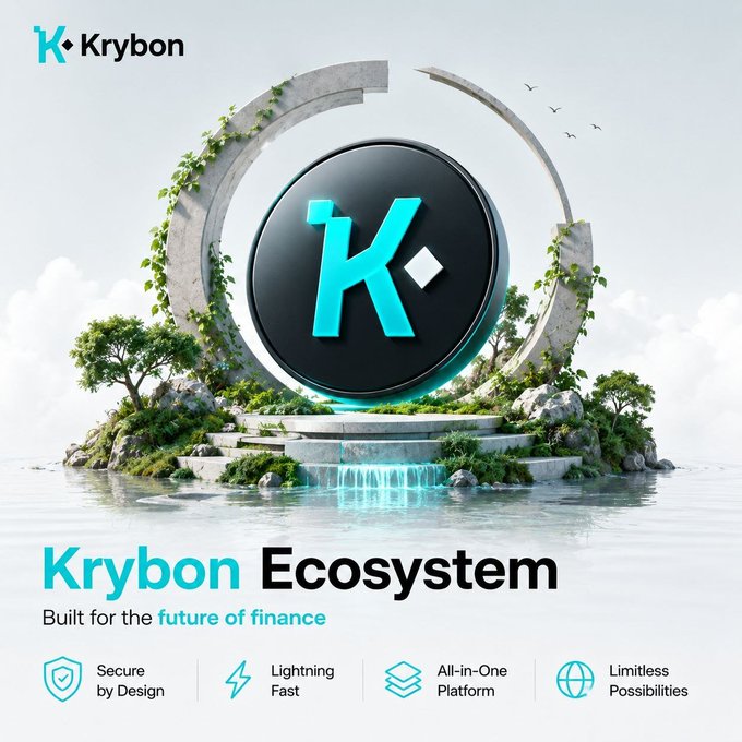 A promotional graphic for 'Krybon Ecosystem' with the tagline 'Built for the future of finance', featuring a large 3D 'K' logo with diamond symbol on an island with waterfalls, and features: Secure by Design, Lightning Fast, All-in-One Platform, and Limitless Possibilities.
