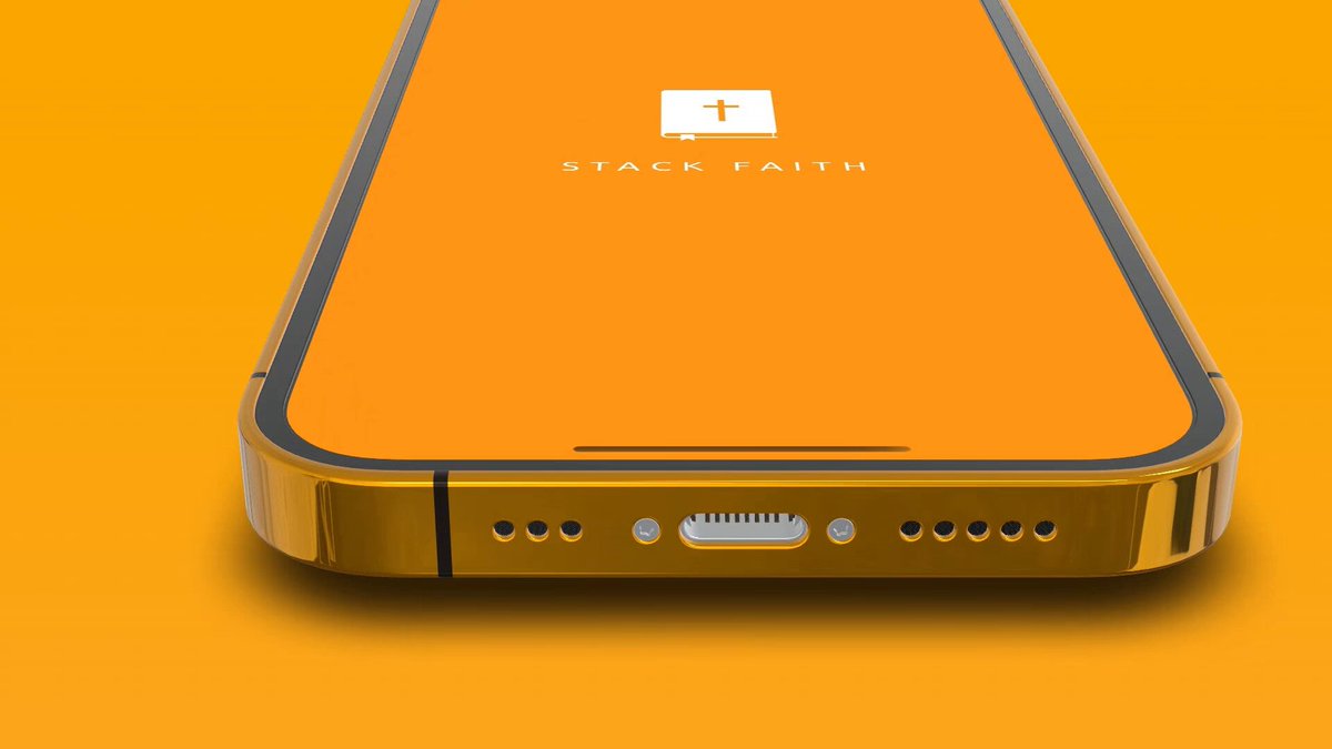 The image features a smartphone with an orange case, placed against a yellow background. The phone's screen displays the text "Stack Faith" along with a logo for the app. Below this, there are three holes where the charging port would typically be plugged into. The main focus of the image is on the phone and its surroundings, while the text provides context to the app being showcased.