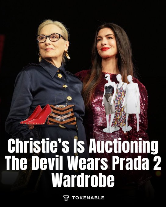 A promotional image featuring Meryl Streep and Anne Hathaway with overlaid text reading 'Christie's Is Auctioning The Devil Wears Prada 2 Wardrobe' and the Tokenable logo.
