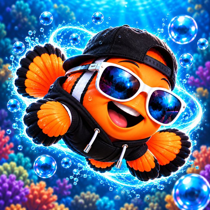 A vibrant 3D-rendered clownfish wearing a black backward cap, white sunglasses, and a black hoodie, surrounded by bubbles in an underwater coral reef scene.