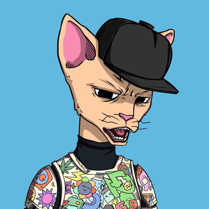 A cartoon-style image of a snarling Sphynx cat wearing a black cap and a colorful graffiti-covered vest, set against a solid blue background. The image serves as NFT artwork likely being promoted in the drop, with the character's edgy, street-art aesthetic matching the raffle-style giveaway announcement.