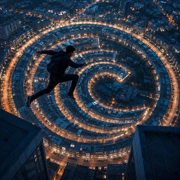 A silhouetted figure leaps across a rooftop above a spiraling urban cityscape illuminated by concentric rings of streetlights, evoking the bold, forward motion of entering an uncharted maze. The image visually mirrors the post's theme of pioneering capital efficiency in Web3, suggesting a daring leap into a structured yet complex new economic frontier.