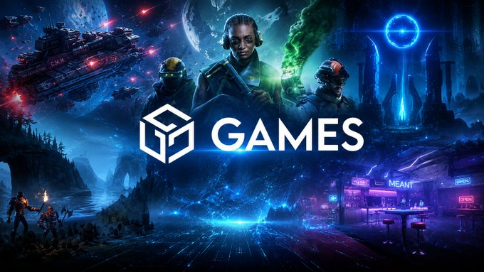 The image features a poster with a group of people standing next to a spaceship. The poster also includes text that reads "Games" and "Gala Games", suggesting that this is an advertisement for video games or related events. The background of the poster has a dark blue color, which contrasts with the white text on it. There are three people in the image: one person standing near the center, another person towards the right side, and the third person at the bottom left corner. Additionally, there is a spaceship located above the group of people, adding to the futuristic atmosphere of the poster. The overall design of the poster seems to be focused on promoting video games or gaming events, with an emphasis on strategy and competition.