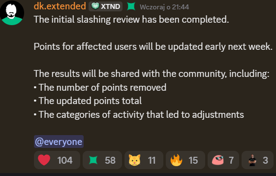 A Discord message from dk.extended (XTND) announcing that the initial slashing review has been completed, with points for affected users to be updated early next week, showing 104 reactions.