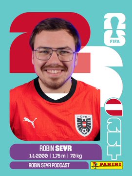 The image features a man wearing glasses, smiling for the camera while standing against a blue background with white text. The man appears to be a soccer player or athlete, possibly from the UEFA 25th FIFA World Cup. The photo has been edited to include a purple border and a logo that reads "PIXI" in the bottom right corner. The image also contains some text related to the post, such as "Announcment June 22nd, warming up for the game vs will be streaming with @RobinSeyr and we will talk about bitcoin & of course the upcoming match (and why not making some predictions and bets lol) 4:30PM CET Save the date!".