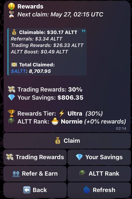The image shows a screenshot of an app called "ALTCOINIST" that displays information about trading rewards for users who engage with the app. The app has a feature where users can claim their rewards by sniping at posts on social media platforms, such as Twitter and Instagram. The post in question is about a person named @ALTCOINIST, who is being referred to as "next claim." The image also contains text that reads: "STOP TRADING FOR FREE BRO, EARN CASHBACK ON @ALTCOINIST > On top of getting way ahead of everyone with insane speed on buys and sells... You still earn automatic $ALTT cashback every single time you use the bot. The more you snipe, the more $ALTT drops straight into your account."