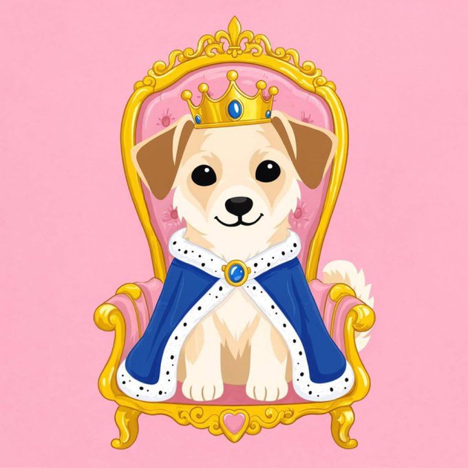An adorable cartoon dog wearing a golden crown with blue jewels and a royal blue cape sits regally on an ornate gold and pink throne, set against a pink background with a small heart at the throne's base—imagery fitting for "CALI," Maye Musk's dog, depicted as royalty to match the post's playful suggestion that the meme token could catch her attention.