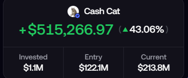 A cryptocurrency portfolio display showing 'Cash Cat' with a gain of +$515,266.97 (43.06%), invested $1.1M with entry $122.1M and current value $213.8M.