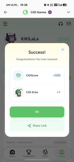 A mobile screenshot from CIDI Games showing a 'Success!' popup for user KiKiLaLa, indicating rewards of +500 CiDiScore and +1 CiDi Echo.