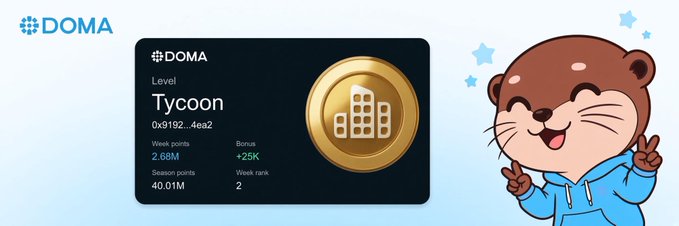A screenshot of a DOMA profile showing the 'Tycoon' level with the wallet address 0x192...4ea2, featuring 2.68M weekly points, a +25K bonus, and 40.01M season points, alongside a cartoon otter mascot in a blue hoodie.