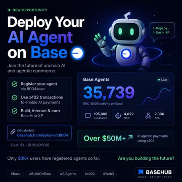 Promotional graphic for "Deploy Your AI Agent on Base" by BASEHUB, showing 35,739 Base Agents and stats including 195,806 Facilitators and over $500M+ in agentic payments using x402, priced at $1-$150 (0YOR).