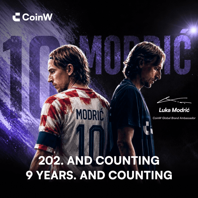 A CoinW cryptocurrency promotional graphic featuring soccer star Luka Modrić in both Croatian national team and club jerseys, with text reading "10 MODRIĆ," "202. AND COUNTING," "9 YEARS. AND COUNTING," and identifying him as "CoinW Global Brand Ambassador."
