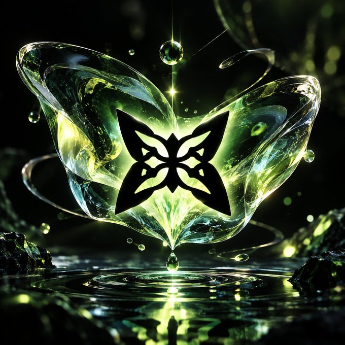 A luminous green crystal or glass butterfly hovering over rippling water, with a glowing butterfly silhouette at its center surrounded by sparkling droplets.