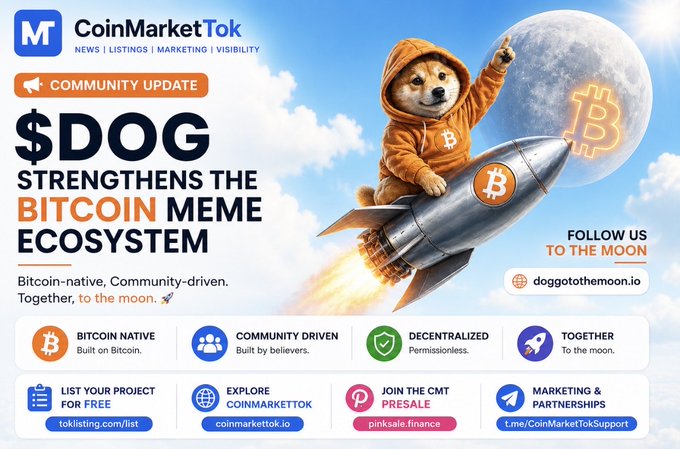 CoinMarketTok promotional graphic featuring a Shiba Inu dog in an orange Bitcoin hoodie riding a rocket toward the moon, with text '$DOG STRENGTHENS THE BITCOIN MEME ECOSYSTEM' and links to tok.listing.com/list, coinmarkettok.io, pinkSale.finance, and t.me/CoinMarketTokSupport.