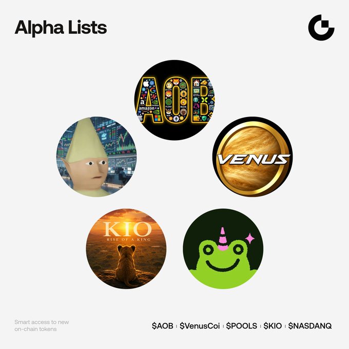 Promotional graphic titled 'Alpha Lists' featuring four circular crypto token logos: AOB, Venus ($VenusCoi), POOLS, KIO, and a green frog mascot, with the ticker $NASDANQ.
