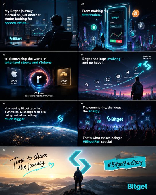 A multi-panel promotional graphic for Bitget tells the "Bitget journey" of a trader, highlighting tokenized stocks like AAPL and GOLD, ending with "Time to share the journey. #BitgetFanStory".