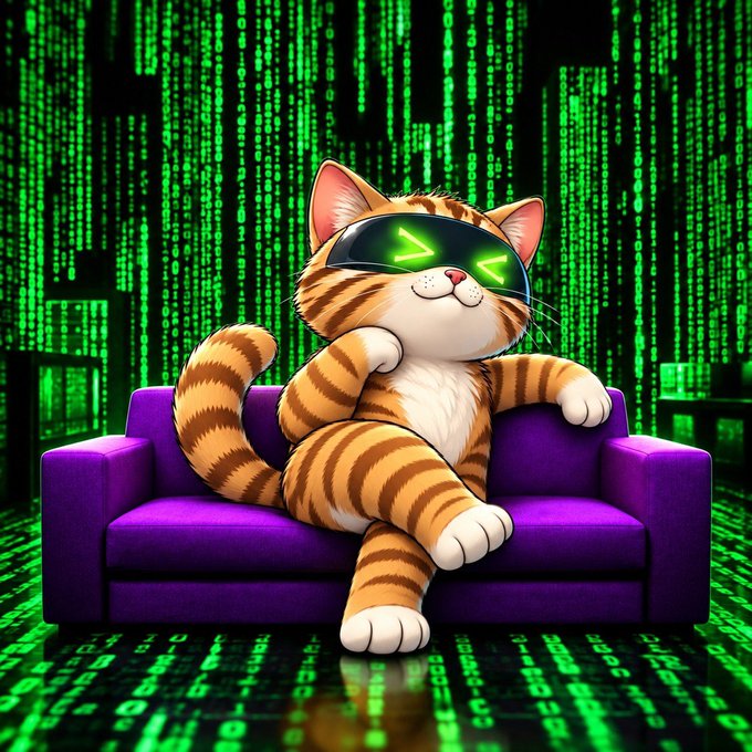 A cartoon-style orange tabby cat wearing green Matrix-style digital sunglasses lounges on a purple sofa, surrounded by cascading green code reminiscent of The Matrix movie.