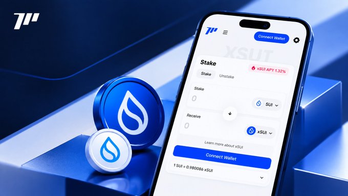 A smartphone displays the Momentum staking interface showing a "Stake" feature with xSUI conversion at 1 SUI = 0.980086 xSUI and a 1.32% SUI APY, accompanied by blue SUI token icons.

The image illustrates the concept described in the post by showing Momentum's platform where users can convert SUI to xSUI (maintaining staking rewards at 1.32% APY) to access additional utility through the integrated staking interface.