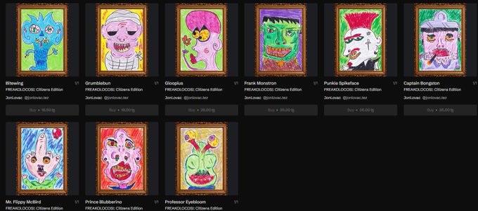 A gallery page displaying nine 'FRAKKADOGIC' Children's Edition NFT artworks with titles like 'Bitewing', 'Gumblebum', 'Glooplus', 'Frank Monstron', 'Punkle Spiloface', 'Captain Borgston', 'Mr Filppy Medito', 'Prince Blubberto', and 'Professor Expitision', all listed at 28.00 ETH.