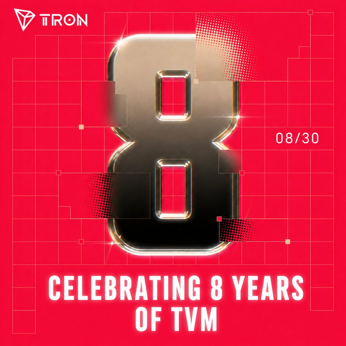 A TRON-branded anniversary graphic featuring a large metallic gold "8" on a red background, with the TRON logo in the top-left corner, the date "08/30," and the text "CELEBRATING 8 YEARS OF TVM" at the bottom—commemorating the 8-year milestone of the TRON Virtual Machine since its launch on August 30, 2018.