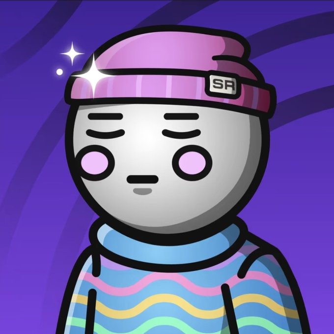 Cartoon character wearing a pink beanie with 'SF' logo and a rainbow-striped sweater against a purple background.