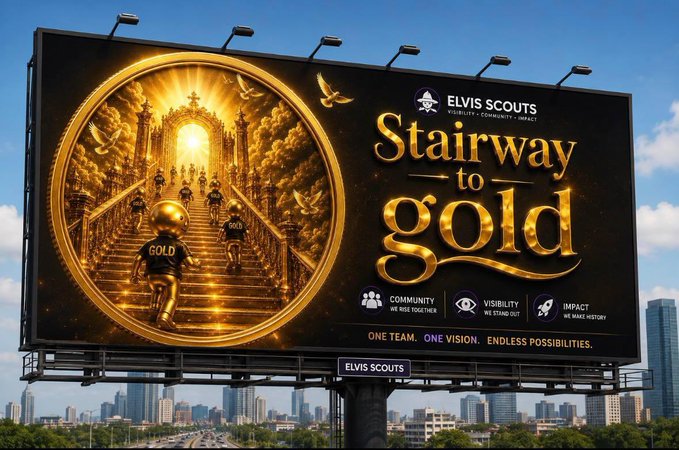 A large billboard for "ELVIS SCOUTS" displays the campaign "Stairway to gold" in bold gold lettering, featuring an illustration of figures climbing a grand staircase toward a heavenly gate, with the tagline "ONE TEAM. ONE VISION. ENDLESS POSSIBILITIES." The image visually reinforces the post's message about $GOLD as a faith-driven, long-term community project, with the literal "stairway to gold" symbolizing the spiritual journey and aspirational growth the project promotes.