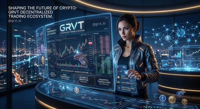 A futuristic trading scene shows a woman interacting with holographic GRVT (grvt.io) charts and security interfaces, with on-screen text reading "SHAPING THE FUTURE OF CRYPTO: GRVT DECENTRALIZED TRADING ECOSYSTEM." The image visually reinforces the post's theme by depicting GRVT's emphasis on security, transparency, and user-controlled decentralized trading innovation.