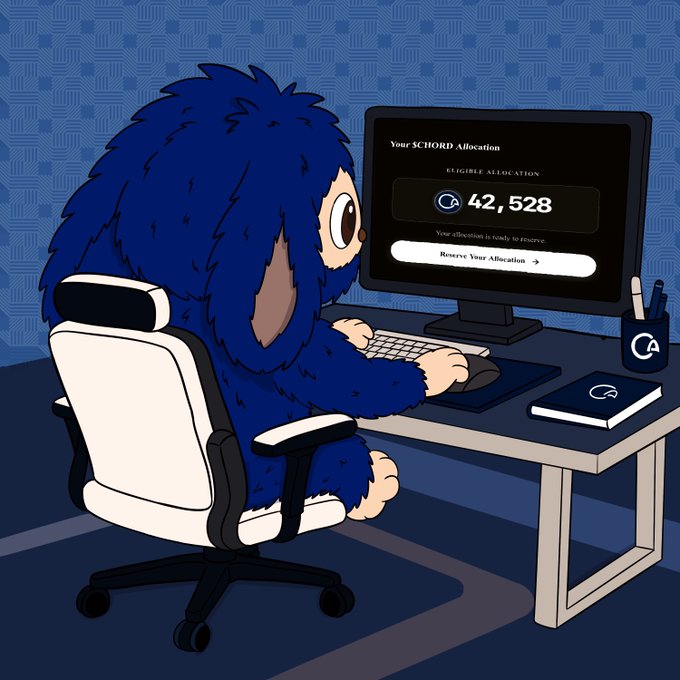 A fluffy blue creature sits at a desk viewing a screen displaying "Your $CHORD Allocation" with an eligible amount of 42,528 and a "Reserve Your Allocation" button, visually representing the crypto project's goal of uniting people from different blockchains. The branding is reinforced by matching chord-related logos on the nearby notebook and pencil holder.