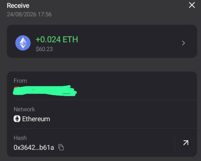 A cryptocurrency receive transaction confirmation showing +0.024 ETH ($60.23) received on the Ethereum network, with the sender's address partially obscured in green.