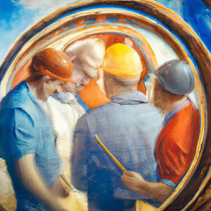 An oil painting viewed through a circular frame, depicting four construction workers in hard hats gathered together, one holding a pencil.