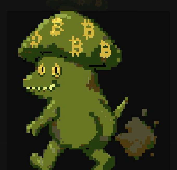 A pixel art illustration of a green dinosaur-like creature wearing a mushroom cap decorated with Bitcoin logos.