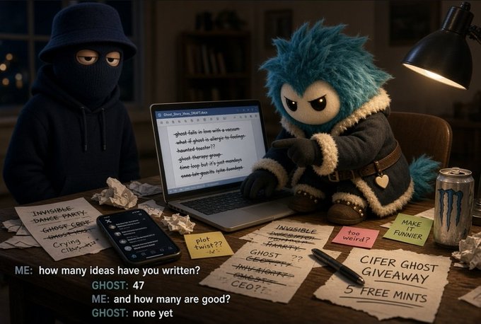 Digital artwork depicting two characters—a person in a hooded balaclava and a blue furry creature—working at a desk covered in sticky notes, with a humorous dialogue: 'ME: how many ideas have you written? GHOST: 47 / ME: and how many are good? GHOST: none yet'.