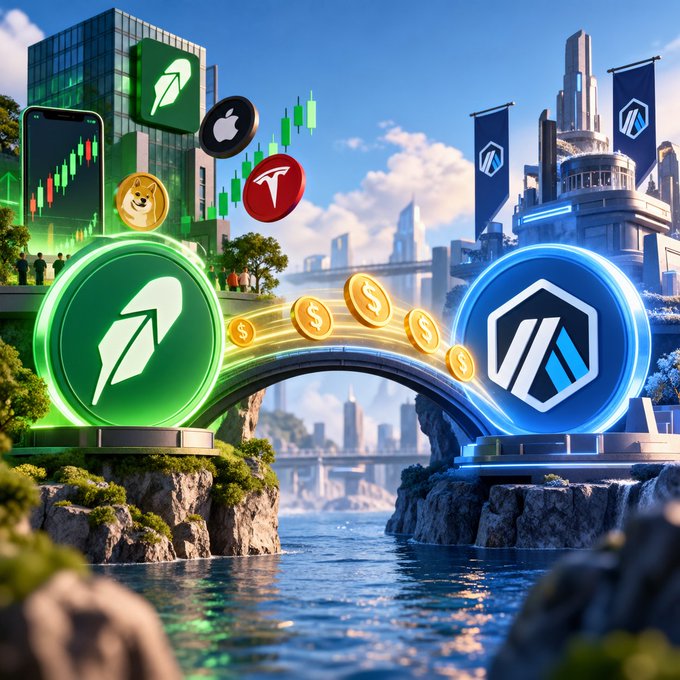 A digital artwork featuring a futuristic cityscape with a bridge connecting two large cryptocurrency logos—a green Rocket symbol and a blue hexagonal 'M' logo—with a gold coin bridge between them and trading candlestick charts floating above.